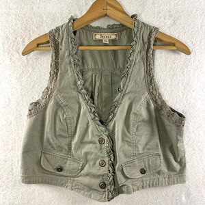 Decree Womens Button‎ Vest Top Sz L Y2K Ruffle Office Siren Crochet Trim Cottage
